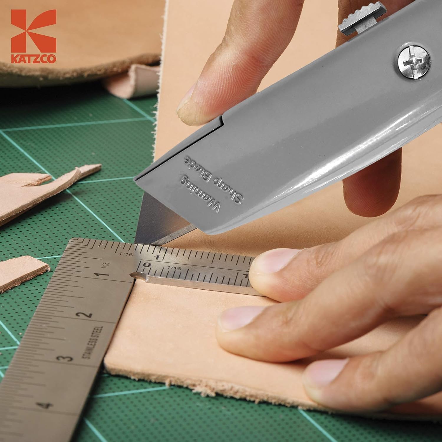 Katzco Retractable Utility Knife - Box Cutter – 2 Notch Replacement Utility Blades - 3 Position Retractable Blade Knife – Ideal for Cutting Cardboard, Plastic, Leather, Carpet, Rope