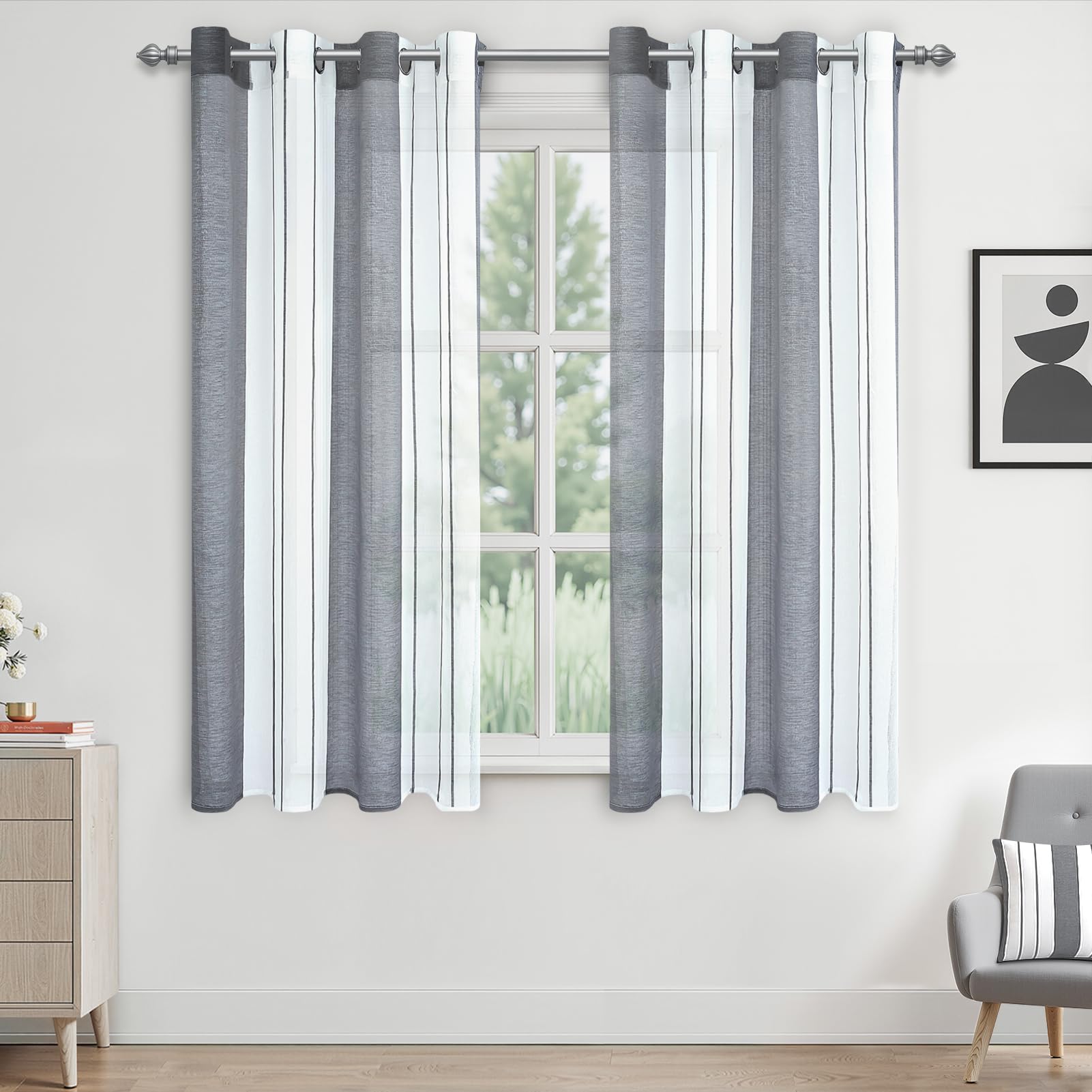 Tende Voile A Righe Verticali 2 Pezzi - Tende Semi Trasparenti 140x145cm Per Soggiorno, Bianco E Grigio - Foto 7