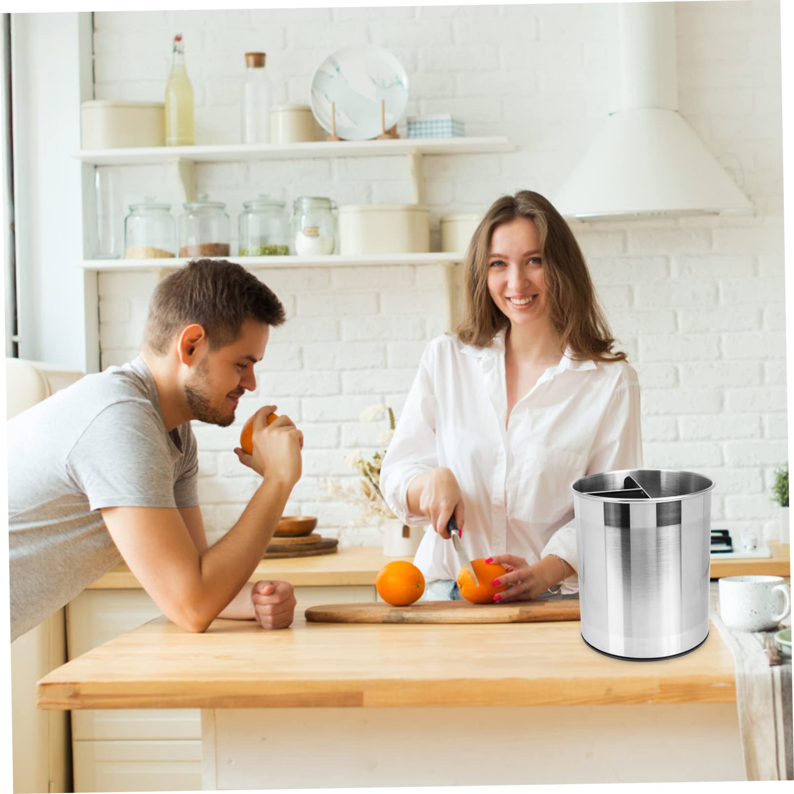 Angoily Porte-ustensiles Cuisine Rotatif Acier Inoxydable Seau à Couverts Multi-compartiments pour Rangement Pratique