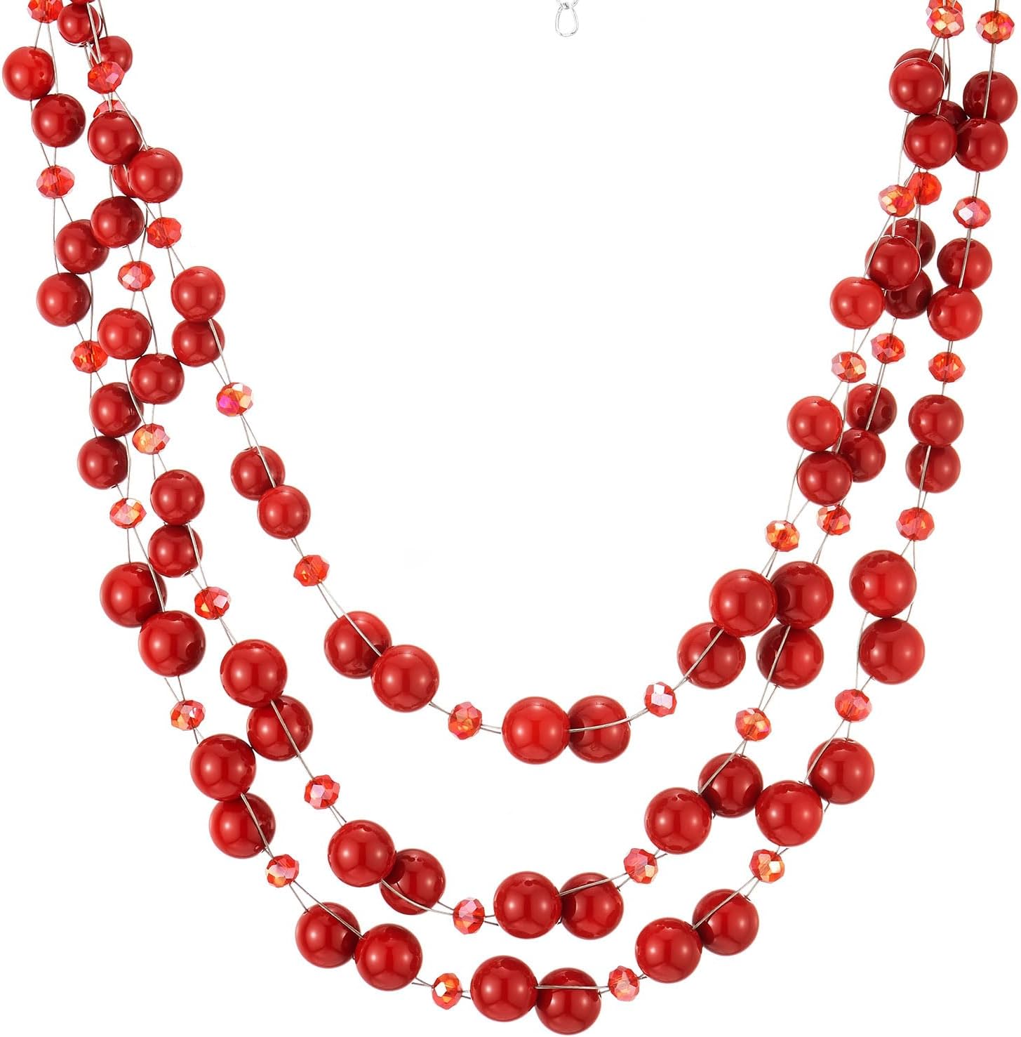 COOLSTEELANDBEYOND Red Layered Bead Necklace, Multi-Strand Acrylic Beads with Crystal Accents, Vibrant Party Jewelry - Image 3
