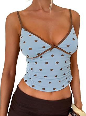 Women Y2k Polka Dot Cami Top Lace Trim V Neck Spaghetti Strap Camisole Dots Print Aesthetic Tank Top
