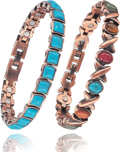 Pulsera magnética de cobre para mujer, 2 piezas, piedra colorida, turquesa, para aliviar el dolor de artritis, pulsera de moda para mujer