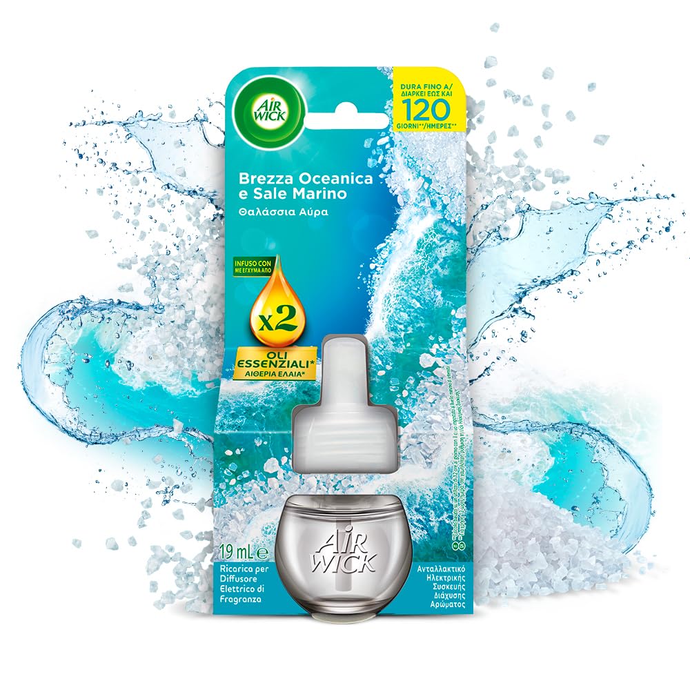 Air Wick Diffusore Elettrico di Oli Essenziali, 6 Ricariche per Diffusore Elettrico alla Brezza Oceanica e Sale Marino, Profumatore per Ambienti Elettrico con Oli Essenziali