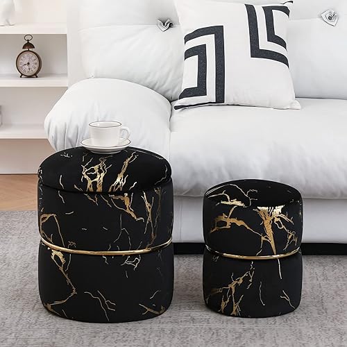 Miniatura 5 de Furniliving Vlvet - Juego de 2 otomanas redondas de 16 pulgadas con almacenamiento, reposapiés moderno, tapizado, tela bronceada, taburete de