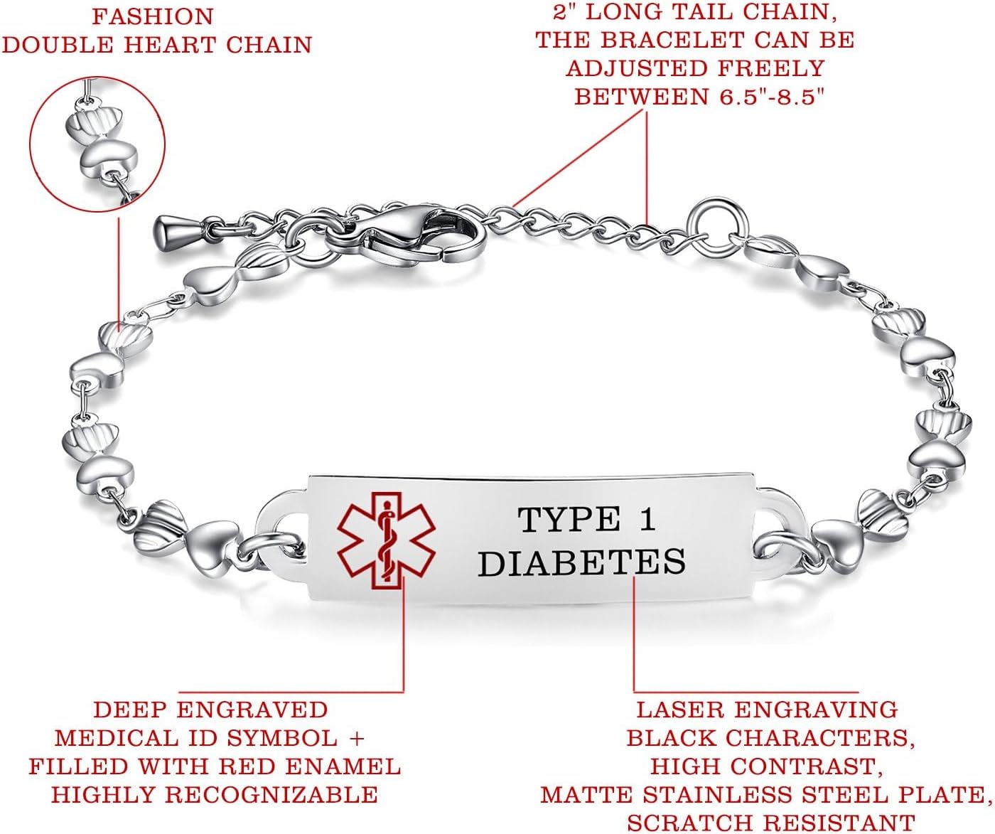 Medical Alert Bracelets for Women Adjustable Personalized Free Engrave Medical ID Bracelets 6.5-8 Inch