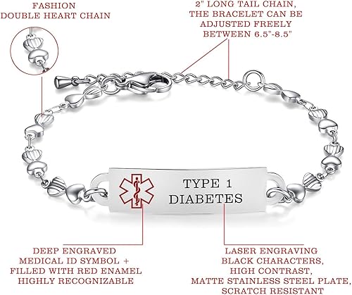 Miniatura 2 de Pulseras de alerta médica para mujer, ajustables, personalizadas, gratis, grabadas, pulseras de identificación médica, 6.5-8 pulgadas