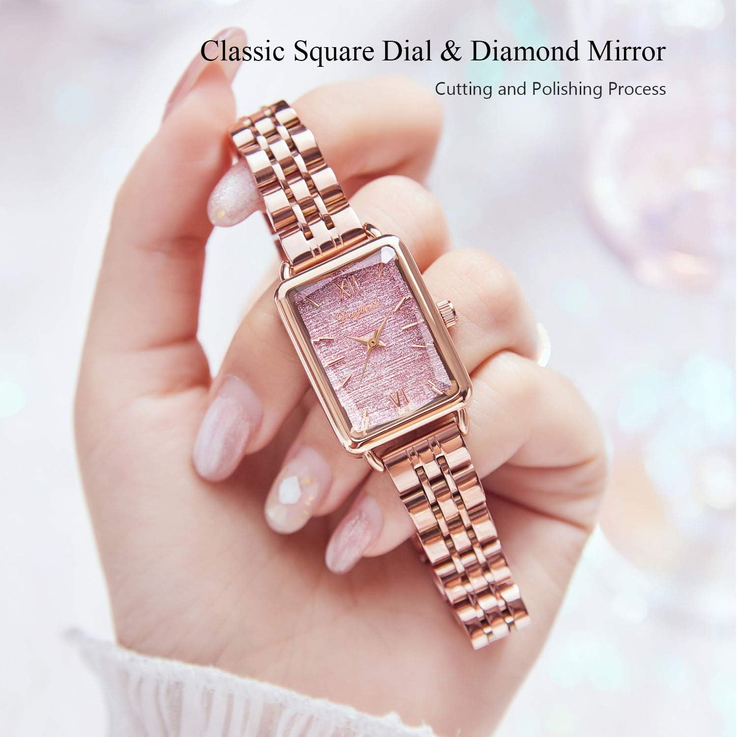 Close-up image of the RORIOS watch dial, highlighting the classic square design and diamond mirror effect.