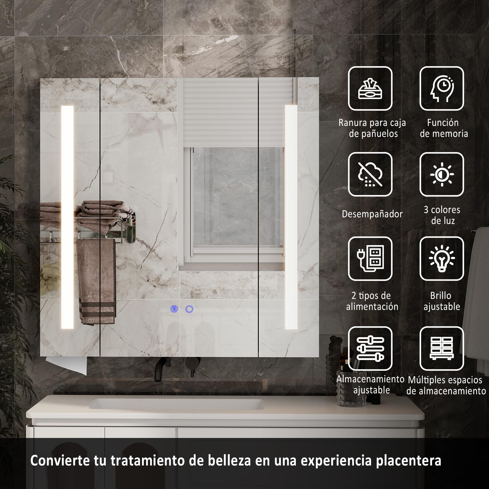 YU YUSING Mueble de Baño de Pared, Armario con Espejo y Estantes | Espejo LED 70 x 16 x 70 cm y Puertas Ajustables, Antivaho, Regulable en 3 Colores, Madera MDF, Blanco