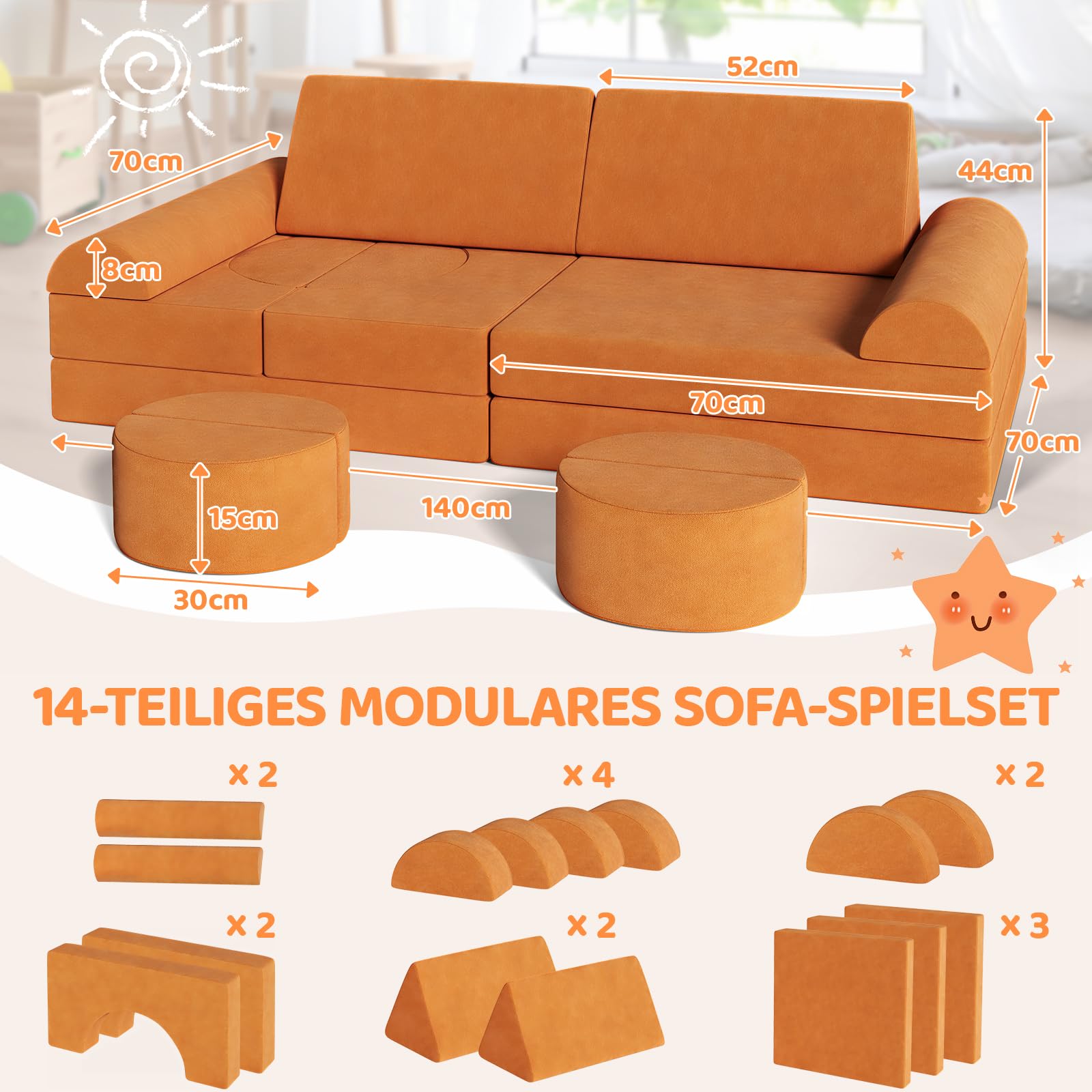 MAMIZO Modular Kids Play Couch, 14pcs Large Toddler Sectional Sofa, Child Building Fort Creative Playroom Bedroom, Convertible Foam Floor Cushion for Boys Girls (Orange)