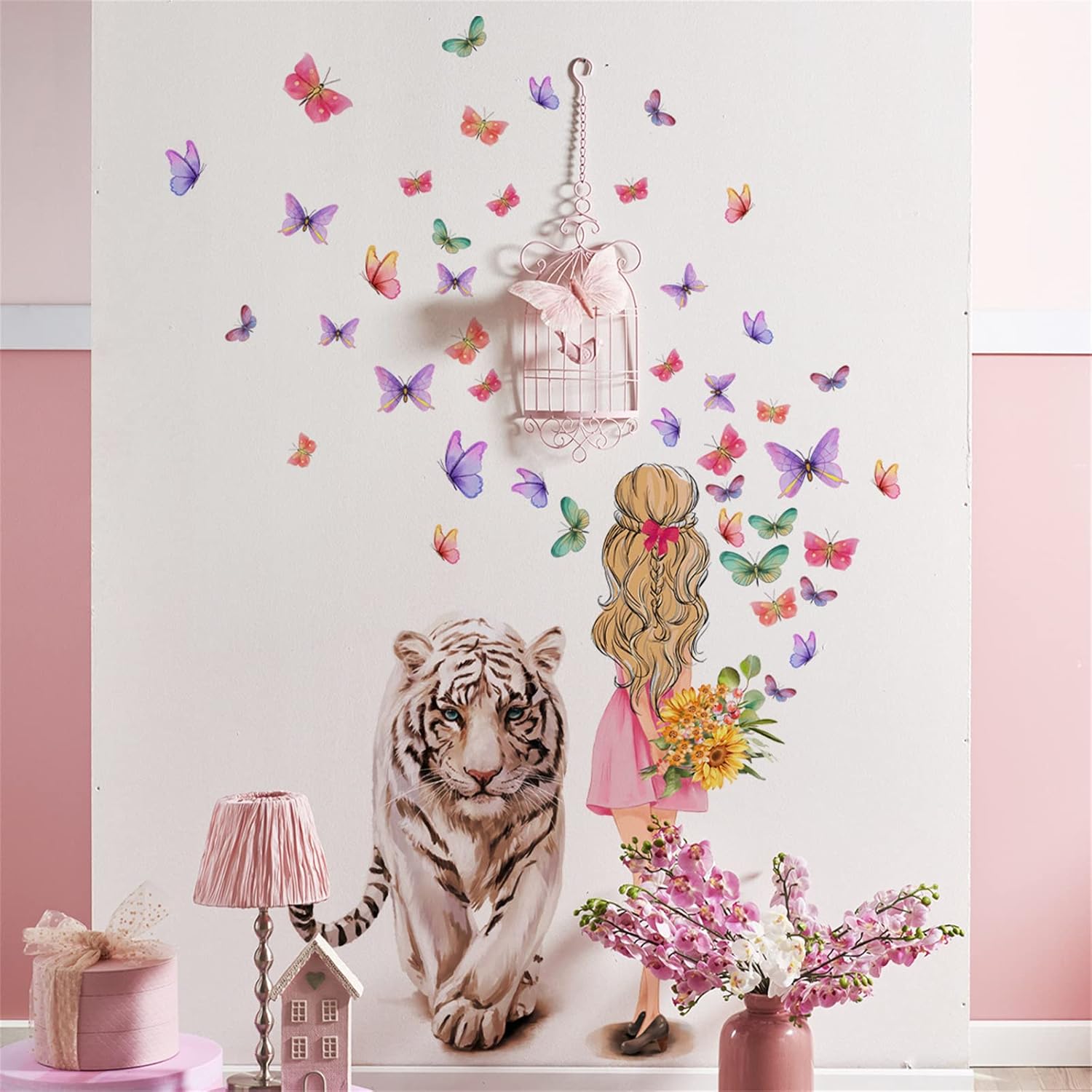 Tiger Girl Wall Sticker Mural Fairy Purple Butterfly Flower Sticker Background DIY Decorative Girl Children's Bedroom Living Room Mural : Tools & Home Improvement
