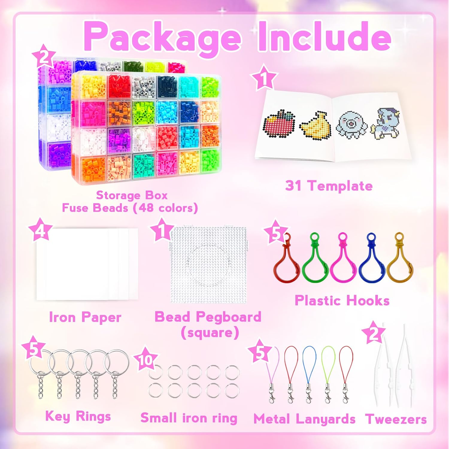 5mm Fuse Beads Kit for Kids Crafts - 48 Colors Fuse Beads Set with Pegboard,Ironing Papers and Accessories, Fuse Beads 2 Boxes,Arts and Crafts Kits for Kids, Christmas Birthday Gift for Girls & Boys - Image 2