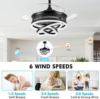 LEONTYNE Chandelier Ceiling Fan with Lights and Remote - 36 Inch Retractable Modern Fandelier, DC Motor, 6 Speeds,Timer,Dimmable LED Chandelier Fan Light for Home Bedroom Living Room (Black) [Energy Class E]