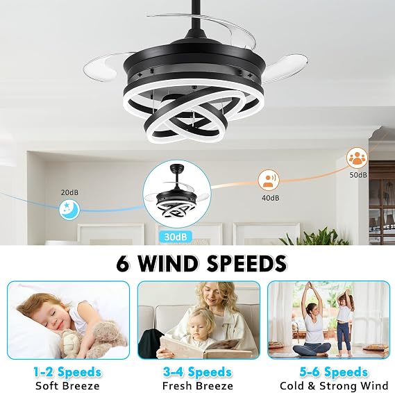 LEONTYNE Chandelier Ceiling Fan with Lights and Remote - 36 Inch Retractable Modern Fandelier, DC Motor, 6 Speeds,Timer,Dimmable LED Chandelier Fan Light for Home Bedroom Living Room (Black) [Energy Class E]