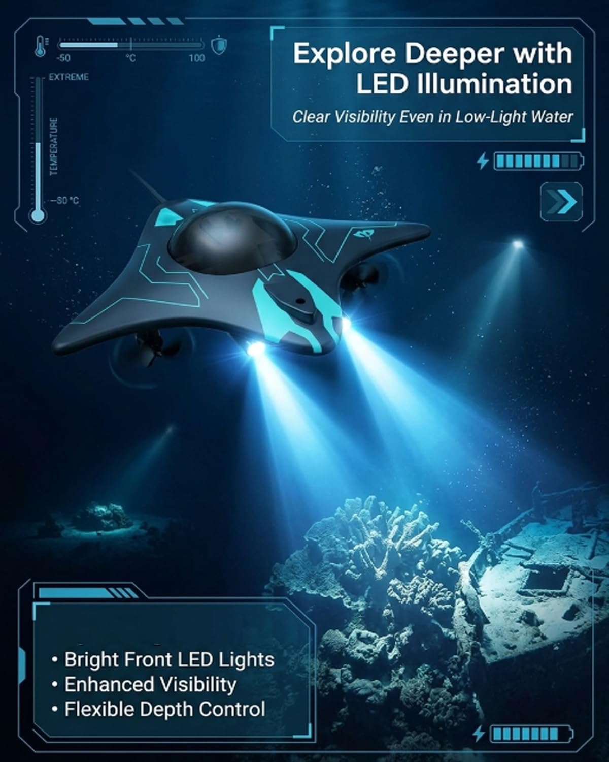 Underwater Drone with Camera Professional Fishing Drone Focusing on Correction Wireless Connectivity Smart App Wireless Control Real-Time Image Transmission for Underwater Exploration