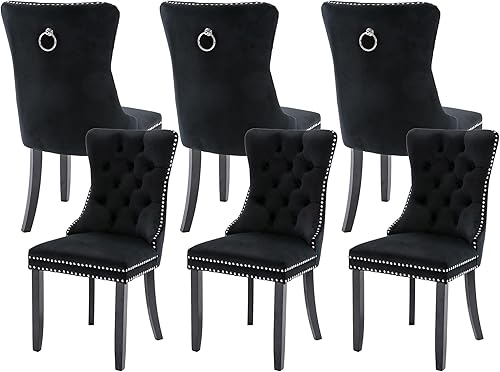 Miniatura 45 de Juego de 4 sillas de comedor de terciopelo, sillas de comedor tapizadas con ribete de cabeza de clavo, patas de madera, anillo de tracción, sillas