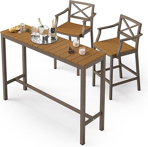 Miniatura 26 de Juego de mesa y sillas de altura de barra para exteriores, 3 piezas con parte superior negra y patas de bronce para patio, con mesa superior alta