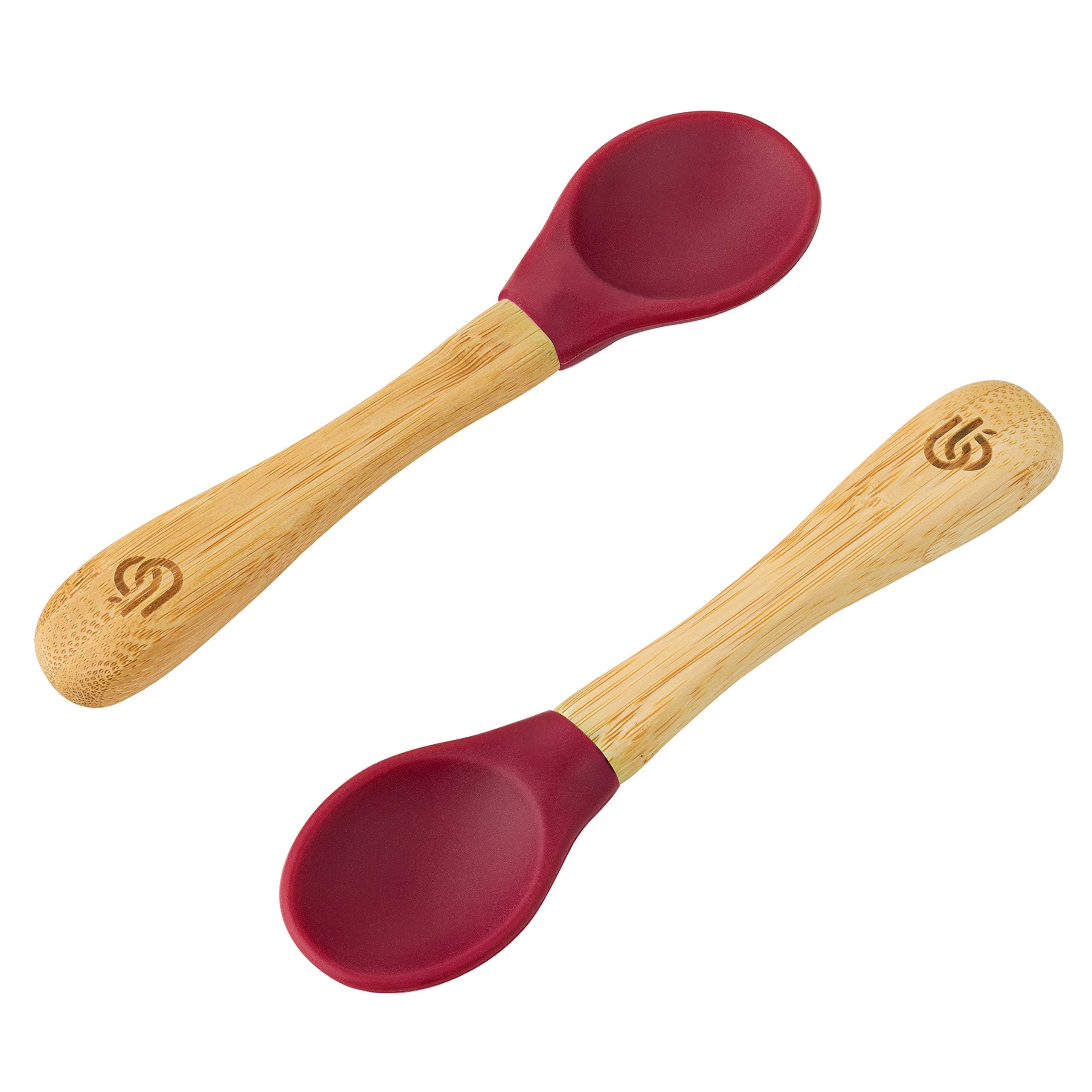 bamboo bamboo ® Baby Weaning Spoons Set of 2 | Bamboo with Soft Silicone Tips | Ergonomic Easy Grip Handles | BPA-Free (Set of 2, Cherry)