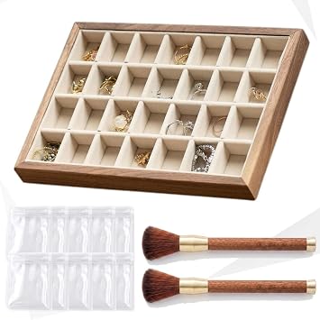 Velvet Jewelry Tray with 10 Storage Pouches and 2 Soft Brushes, Stackable Wooden Organizer, for Rings Earrings Necklaces, Gift Box28 Grid