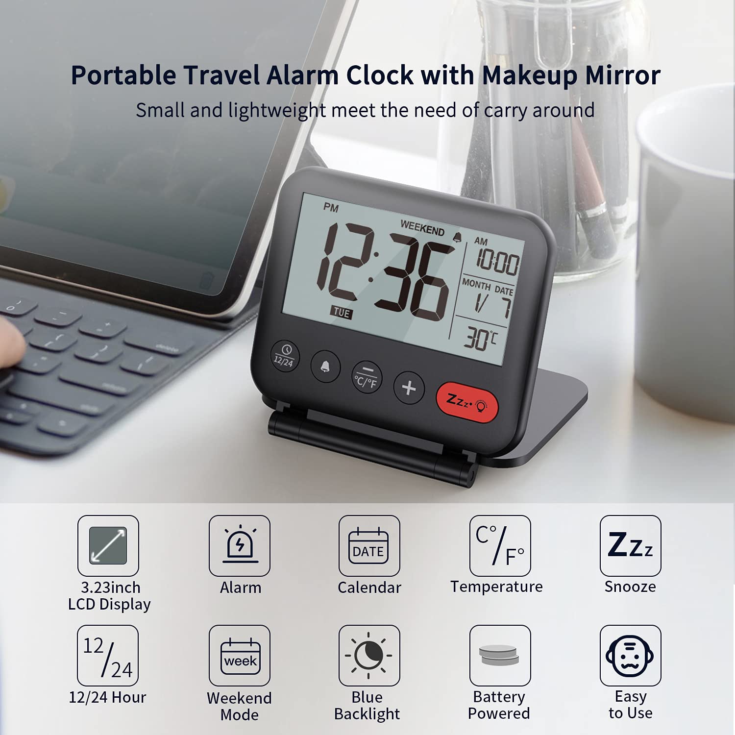 NOKLEAD Digital Travel Alarm Clock Mini Portable LCD Display Clock