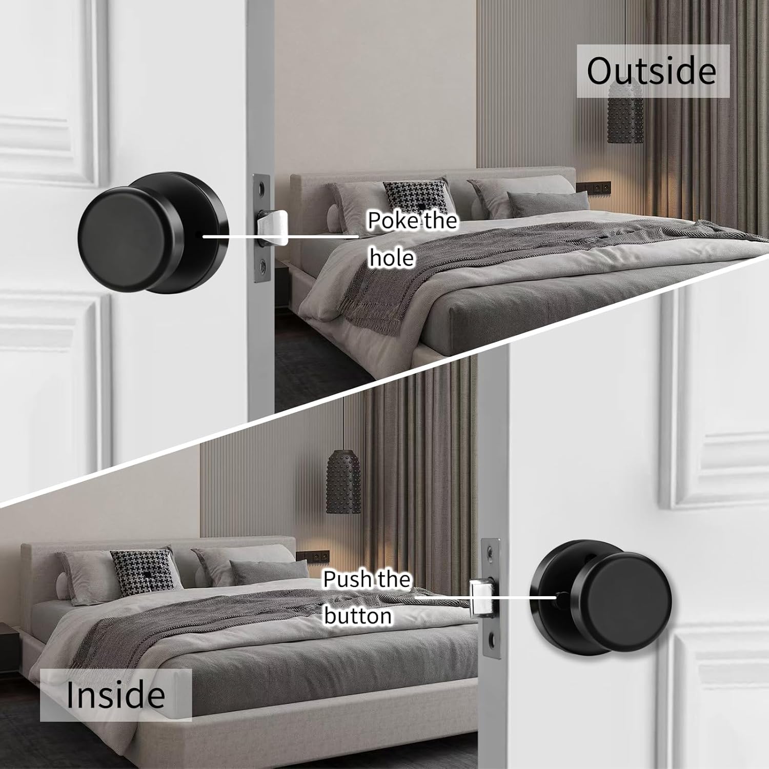 Black Interior Door Knob with Push Lock, Privacy Door Knobs Door Handles for Bath and Bed, Heavy Duty Door Knob with Lock