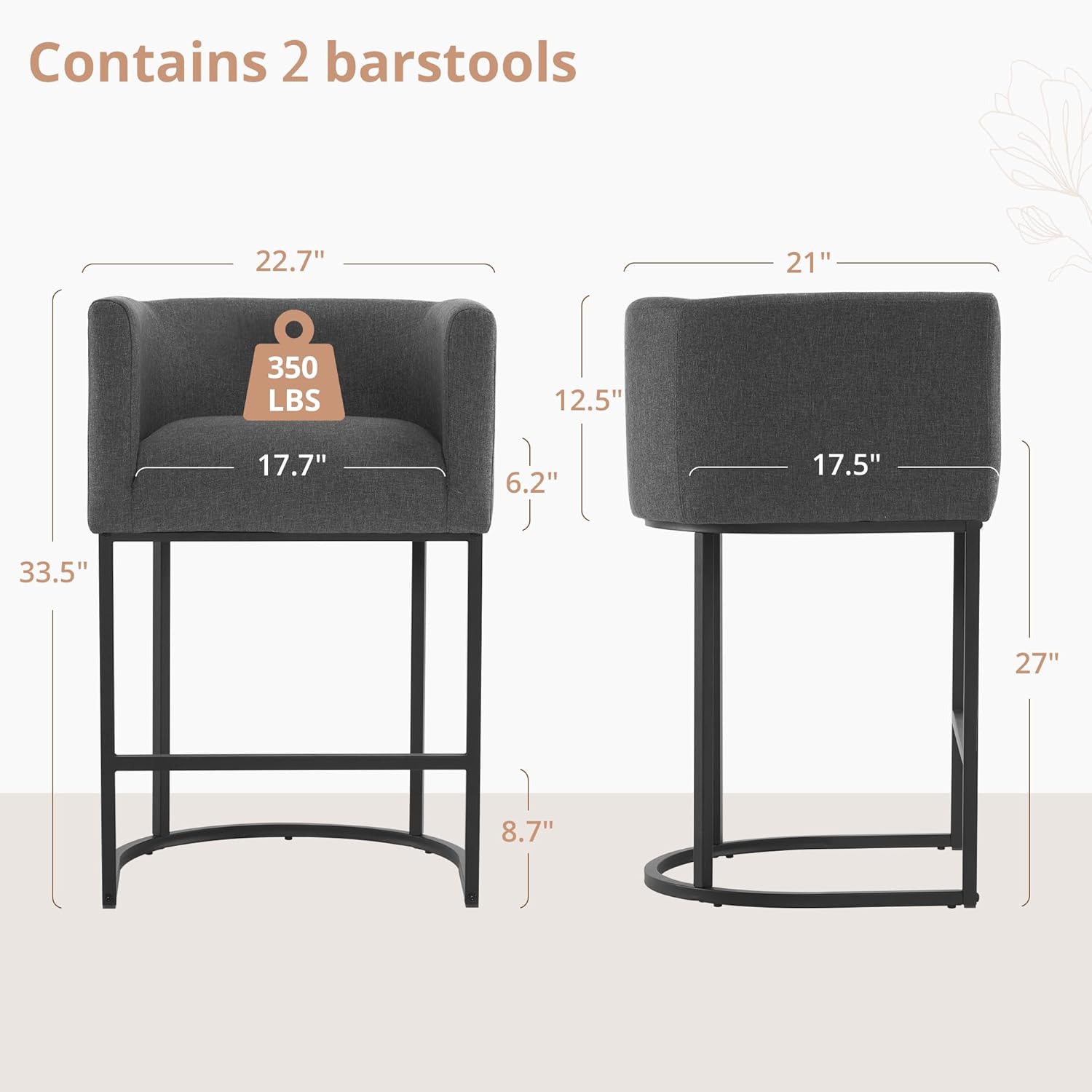 Detailed dimensions of the LUE BONA bar stool, showing front and side views with measurements for width (22.7 inches), depth (21 inches), overall height (33.5 inches), seat height (27 inches), seat cushion height (6.2 inches), seat width (17.7 inches), seat depth (17.5 inches), and footrest height (8.7 inches). Also indicates a 350 lbs weight capacity and that the set contains 2 barstools.