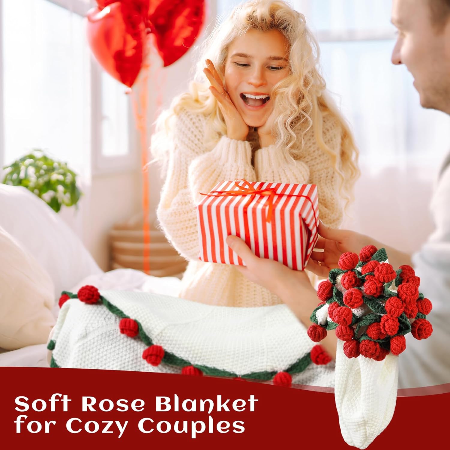 Valentines Day Gifts for Her Gifts, Women Soft Crochet Rose Flower Bouquet Blanket, Galentines Birthday Gift for Mom Girlfriend Wife Table Picnic, Washable(Rose,31.5 Inch,Red) - Image 4