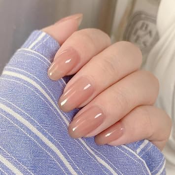 Nude Press on Nails Almond Shaped Fake Nails Medium Glossy Stick on Nails Natural Full Cover False Nails Acrylic Glue on Nails for Women