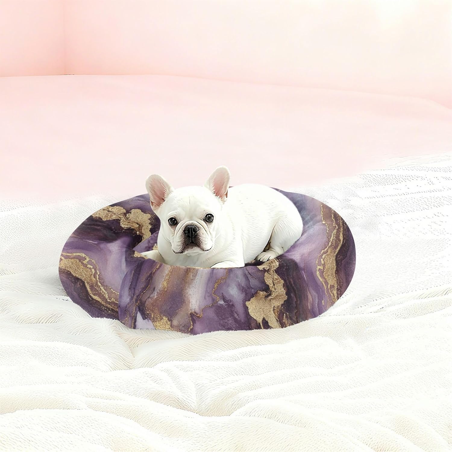 Purple and Gold Marble Texture Pet Dog Bed Anti-Slip Cat Pillow Bed for Extra Small Size Pets Sleeping M