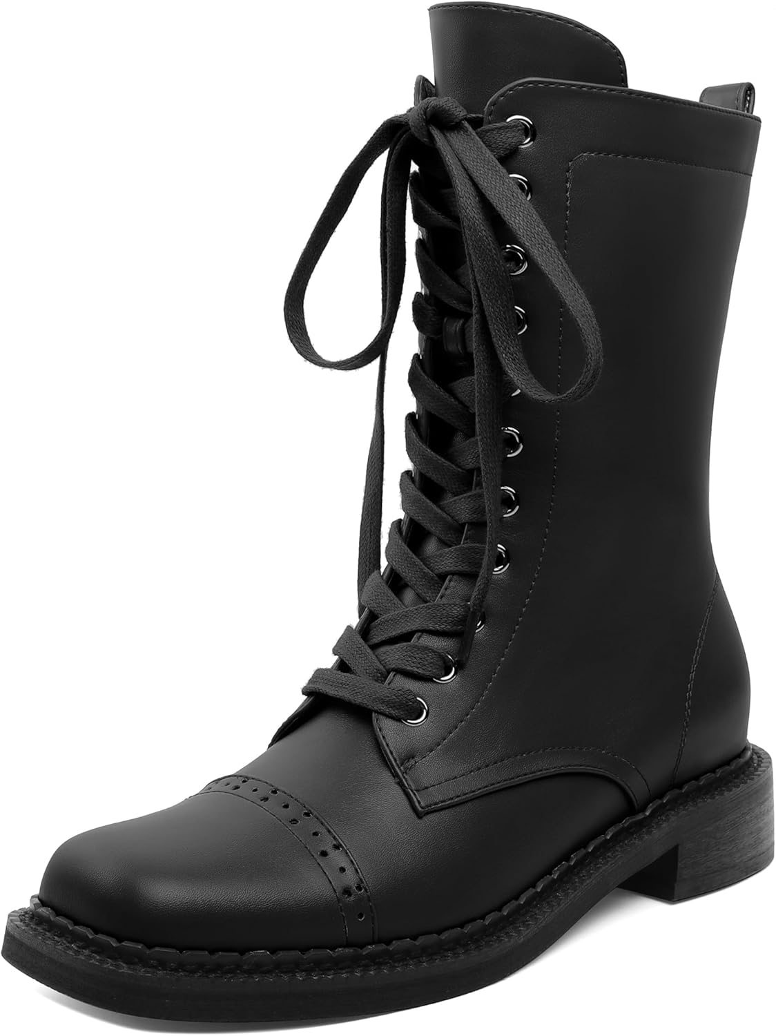 SAMMITOP Women's Ankle Bootie Lace up Mid Calf Combat Boots Chunky Low Heel Square Toe Zipper Boots Fashion Dress Shoes 1.4 Inch