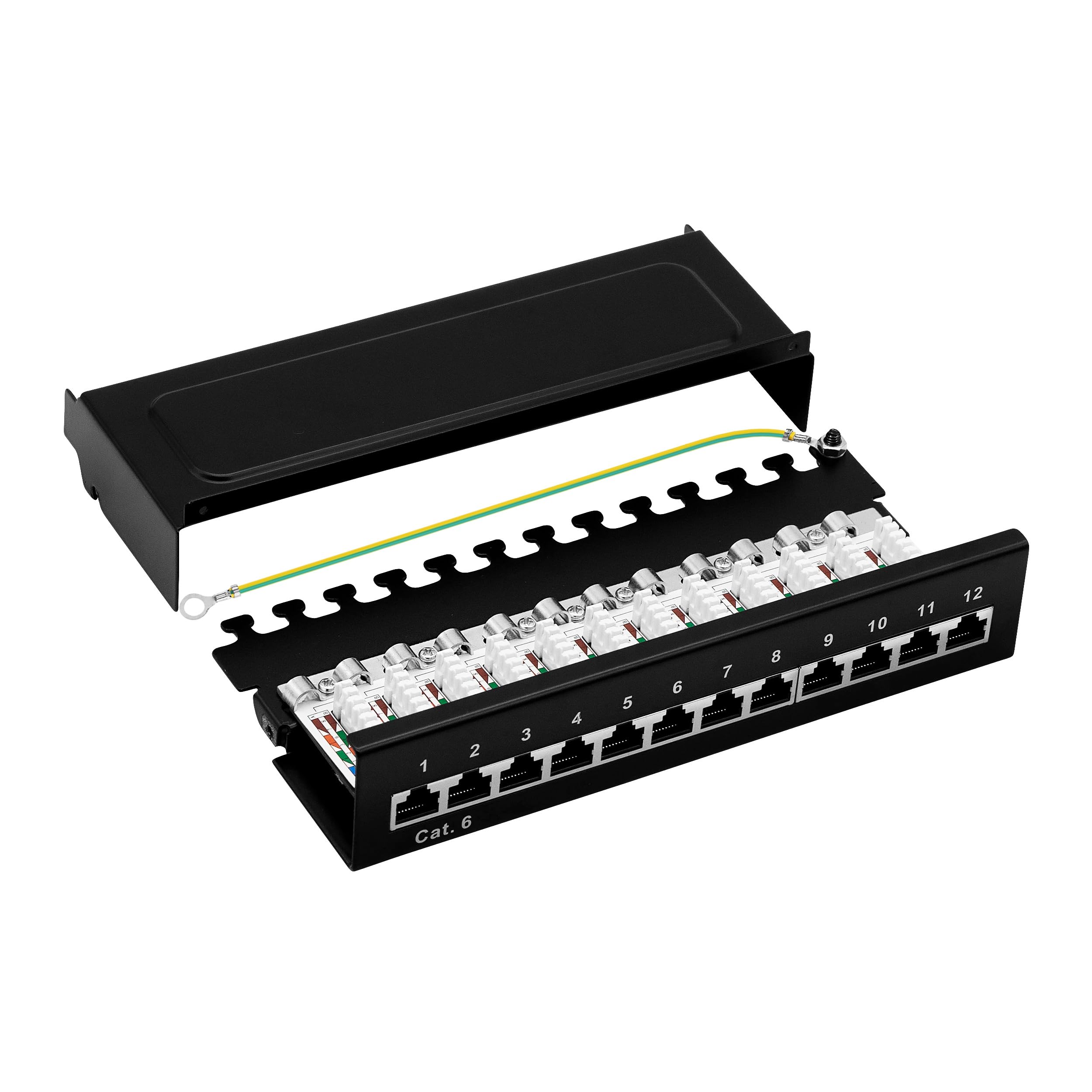 Patchpanel Cat6 Patchfeld 12 Port Verteilerfeld RJ45 Desktop und Wandmontage geschirmt 1HE Patchpanel bestückt mit 12 RJ45 Modulen für cat5e, cat6, cat6a, cat7, cat8 Patchkabel, Verlegekabel (Schwarz)