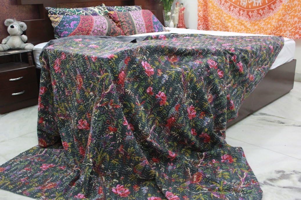 Sophia-Art Indian Kantha Quilt, Bird of Paradise Kantha Blanket, Kantha Bohemian Bedding, Reversible Bedsheet/Bedspread Decorative Vintage Ethinic (Black)