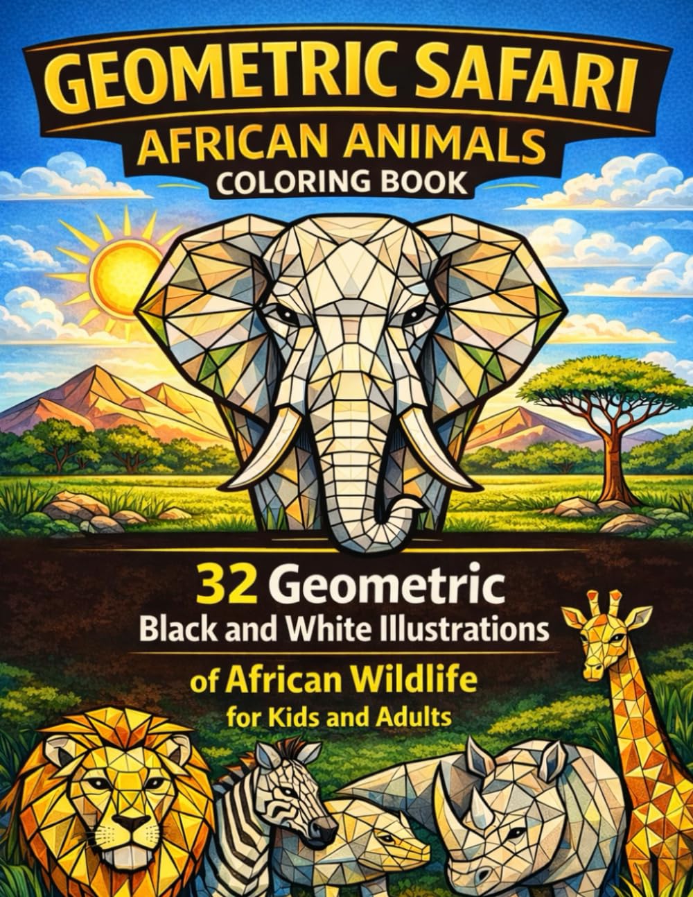 Geometric Safari – African Animals Coloring Book: 32 Geometric Black and White Illustrations of African Wildlife for Kids and Adults