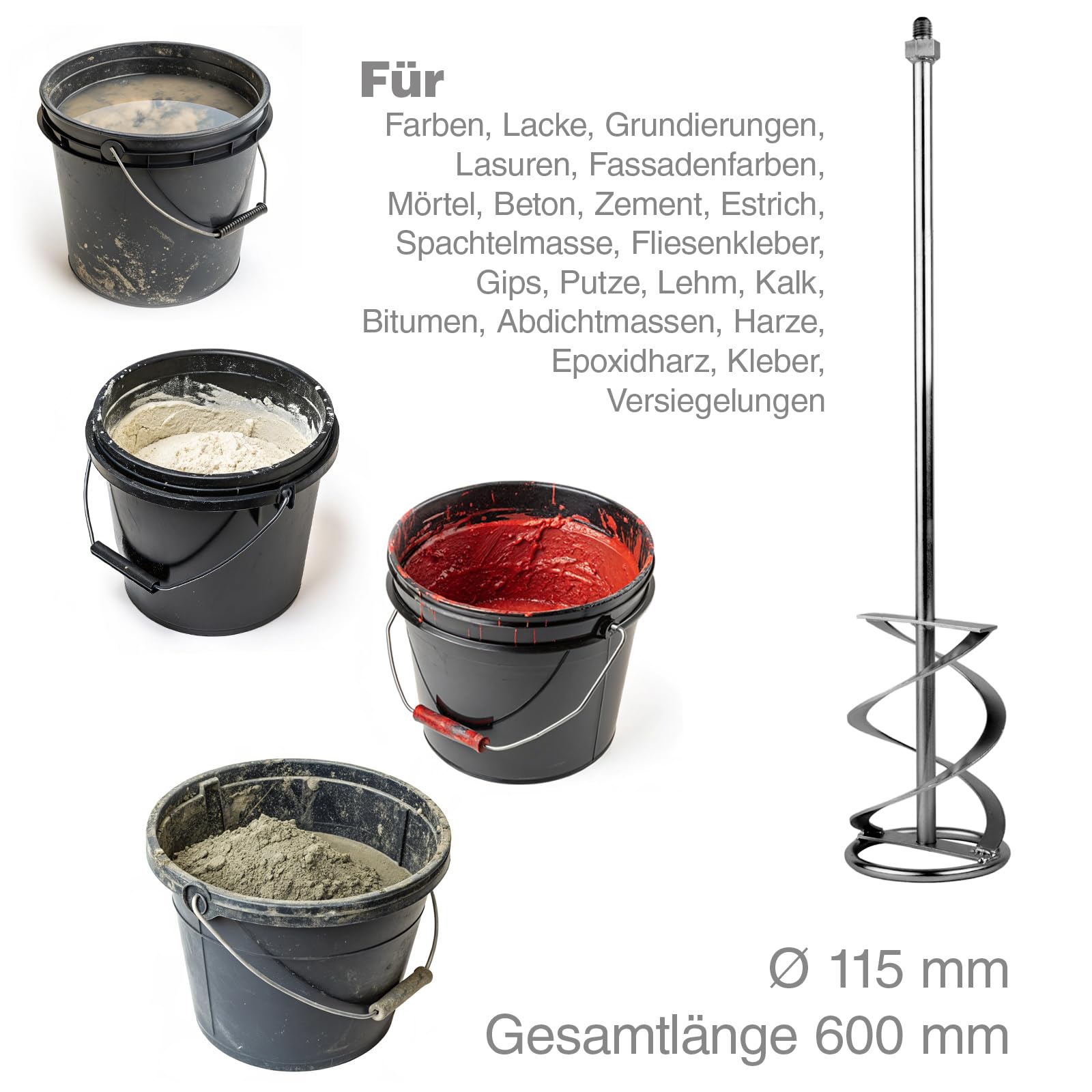 Spiralförmige Wendelrührer Schaft M-14 Gewinde 115/600 mm Rührstab für Betonmischer mit M14 Aufnahme