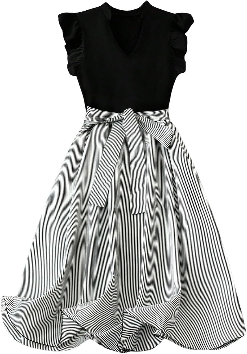 Women's Plus Size Elegant Striped Ruffle Sleeve Dress Belted A Line Flowy Summer Work Office Dresses