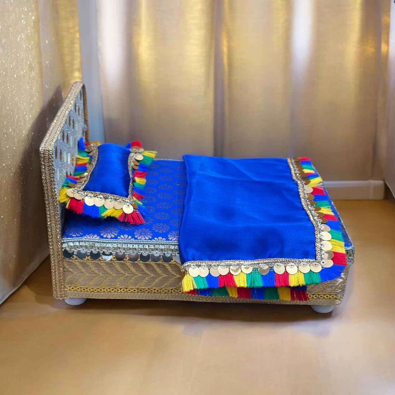 Laddu Gopal Ji Bister Set (0-5 No Size) β Super Soft Thakur Ji Bedding Set with Handcrafted Gaddi Bed, Aasan, Pillow, Cover Sheet & Satin Blanket/Kambal/Rajai for Kanha Ji Idol (Midnight Blue) 4