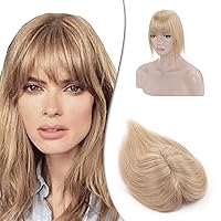 Vista 7 de Hairro Toppers de cabello humano con flequillo clip en Remy Topper postizo para mujeres clip en tupé Wispy parte media pérdida de cabello