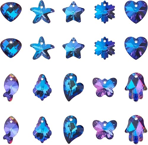 Miniatura 2 de Pandahall - 100 colgantes de diamantes de imitación de cristal, 10 estilos, triángulo, estrella, corazón, mariposa, copo de nieve, estrellas de mar,