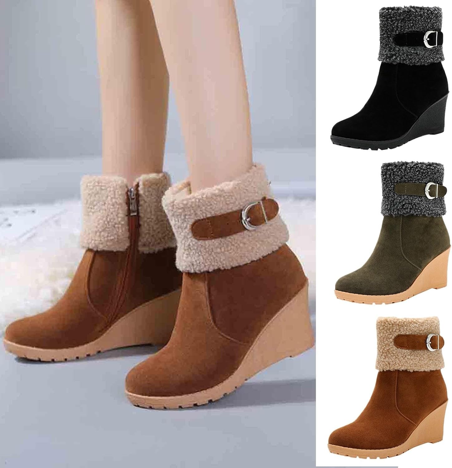 Womens Winter Snow Boots Platform Wedge Plush Lined Warm Mid Calf Booties Comfortable Slip On Suede Outdoor Shoes Women Anti-Slip Side Zipper Pointed Toe Wedge High Heel Short Boots