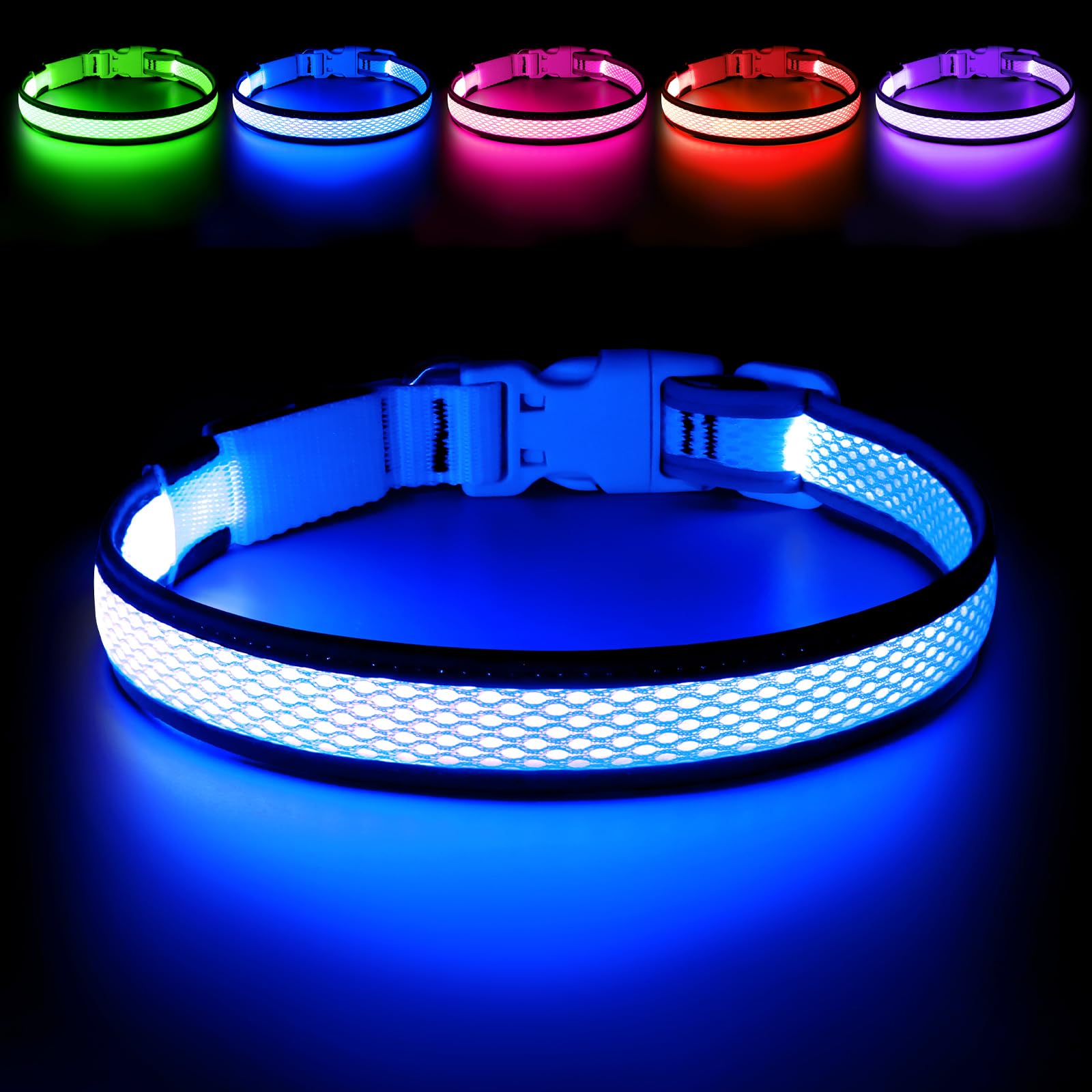 Photo 1 of (large) Flashseen LED Dog Collar, Light Up Dog Collar USB Rechargeable, Brightest Dog Lights for Night Walking, Adjustable Dog Collar Light for Dog Safety (Blue, Large)
