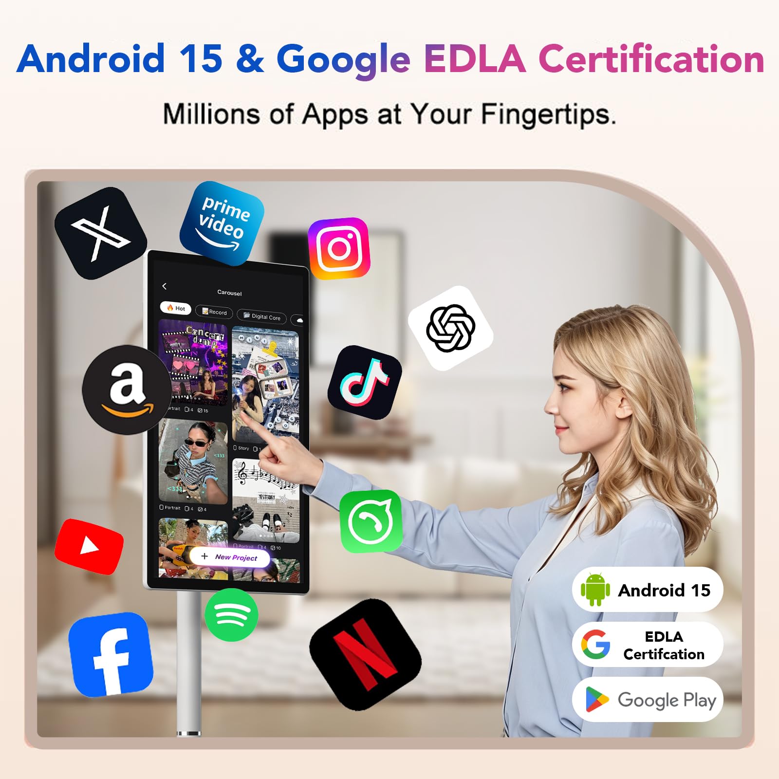 Televisor portátil inteligente FHD de 21.5 pulgadas, TV rodante sobre ruedas, sistema operativo Android 15, almacenamiento 6G + 128GB, monitor de pantalla táctil portátil, cámara de 13 MP, batería