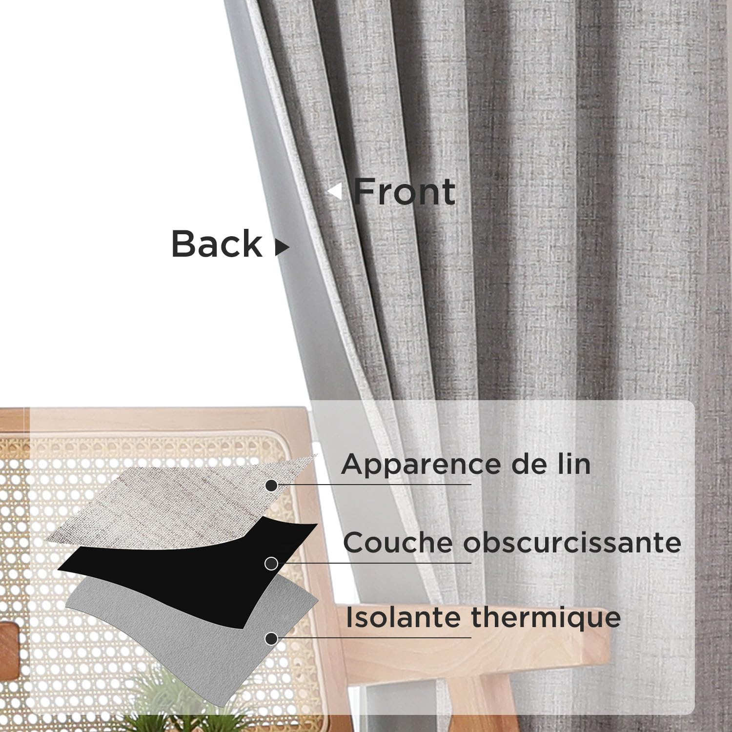 Joydeco 100% Rideau Occultant Thermique en Lin avec Galon Fronceur 140x275 cm 2 Pièces, Rideau Isolant Thermique Anti Froid et Chaleur à Passe Tringle pour Décoration de Porte Fenêtre