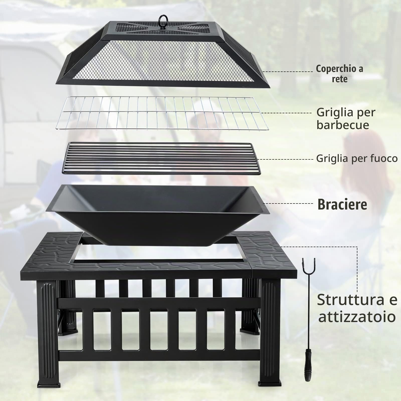RELAX4LIFE Braciere Quadrato da Giardino in Ferro, Braciere e Coperchio Parascintille a Rete con Attizzatoio Lungo, Bordo Largo Portaoggetti, Braciere da Esterno Multiuso per Riscaldamento e Barbecue