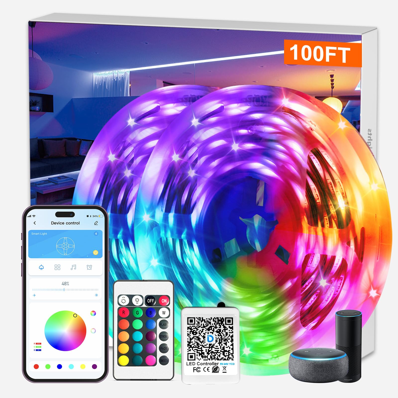 DAYBETTER Smart WiFi Led Lights 100ft, Tuya App Controlled Led Strip Lights, Work with Alexa and Google Assistant, Timer Schedule, Color Changing Led Lights for Bedroom Party Kitchen