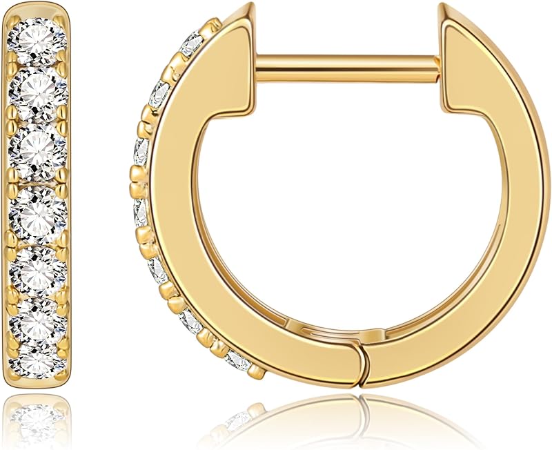 Pendientes Huggie para mujer, pendientes de aro pequeños con circonita cúbica | Aros Huggie de circonita cúbica chapados en oro de 14 quilates con estilo de cartílago brillante, pendientes ligeros y delicados, regalo para mujeres