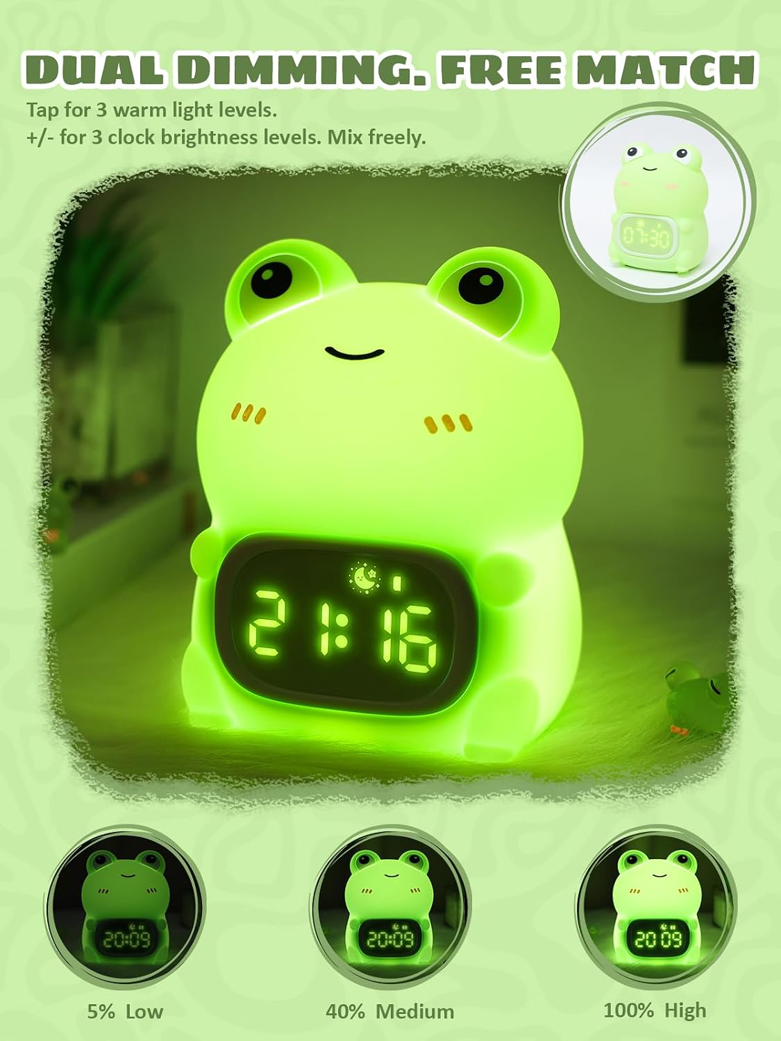 Lampeez Frog Alarm Clock with Night Light for Kids, Silicone Cute Toddler Wake Clock, Rechargeable 7 Colors RGB & Warm Light, Sleep Companion for Boys Girls