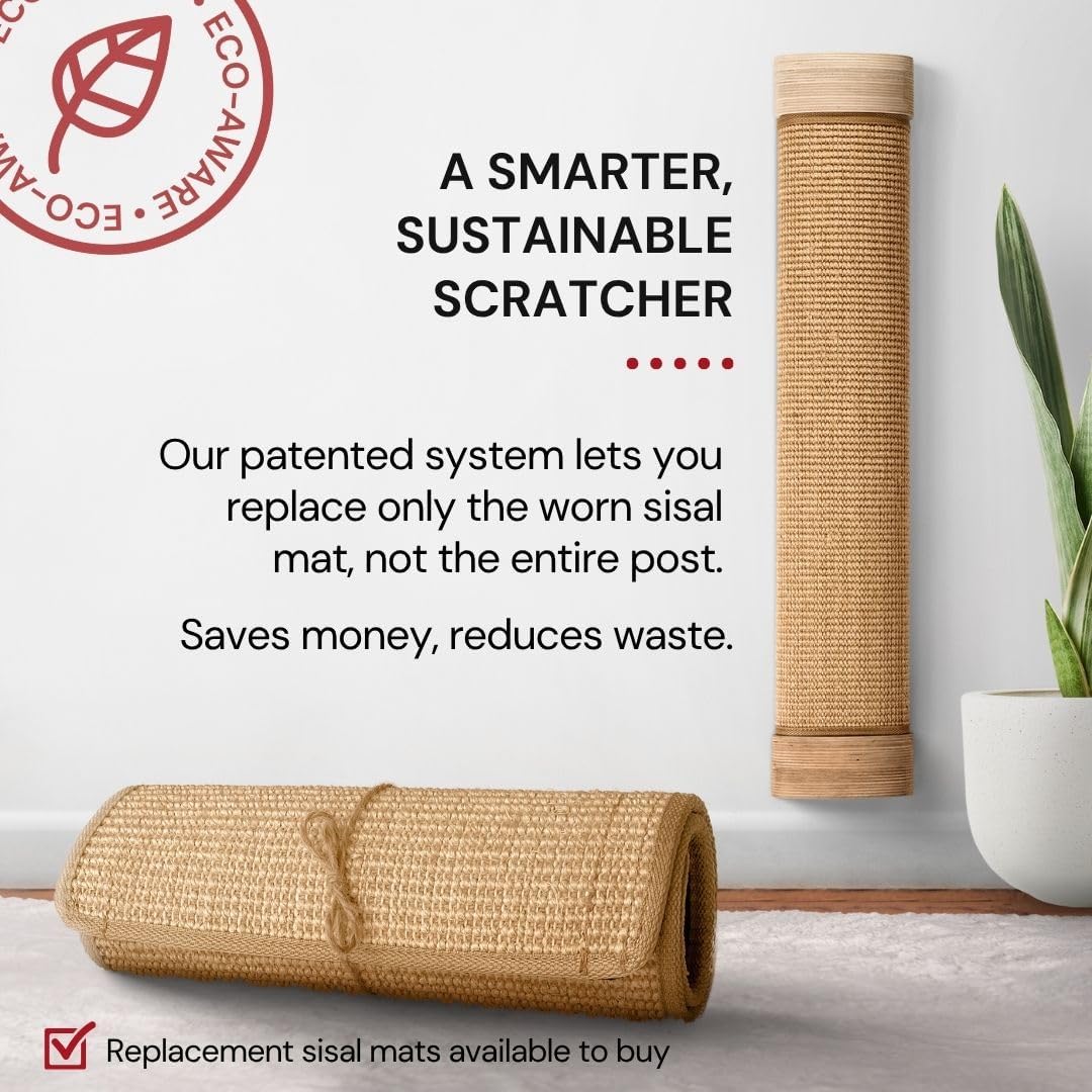 7 Ruby Road Large Cat Scratcher Wall Mounted - Refillable Sisal Scratch Pad - Cute Scratching Post for Indoor Cats and Kitten - Tall Vertical Mount - Modern Wooden Cat Wall Furniture and Scratchers