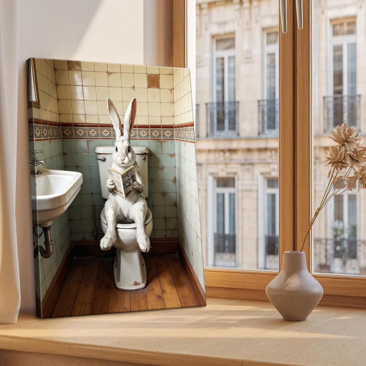 karani Funny Rabbit Bathroom Wall Art, Rabbit Sitting On The Toilet Reading Newspaper Canvas Prints, Modern Rustic Bathroom Pictures Wall Decor for Bathroom, Living Room, Farmhouse 24 * 36in