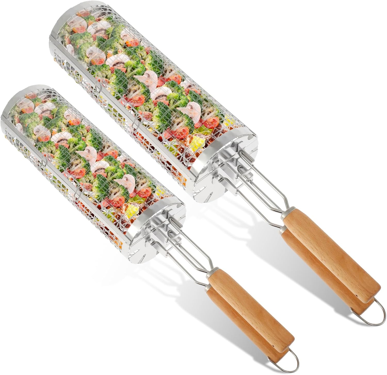 Rolling Grill Basket with Detachable Double Handle Stainless Steel Rolling Grilling Basket Multifunctional BBQ Grill Basket Dishwasher Safe Barbecue Grill Basket for Outdoor Grill(2,Silver)