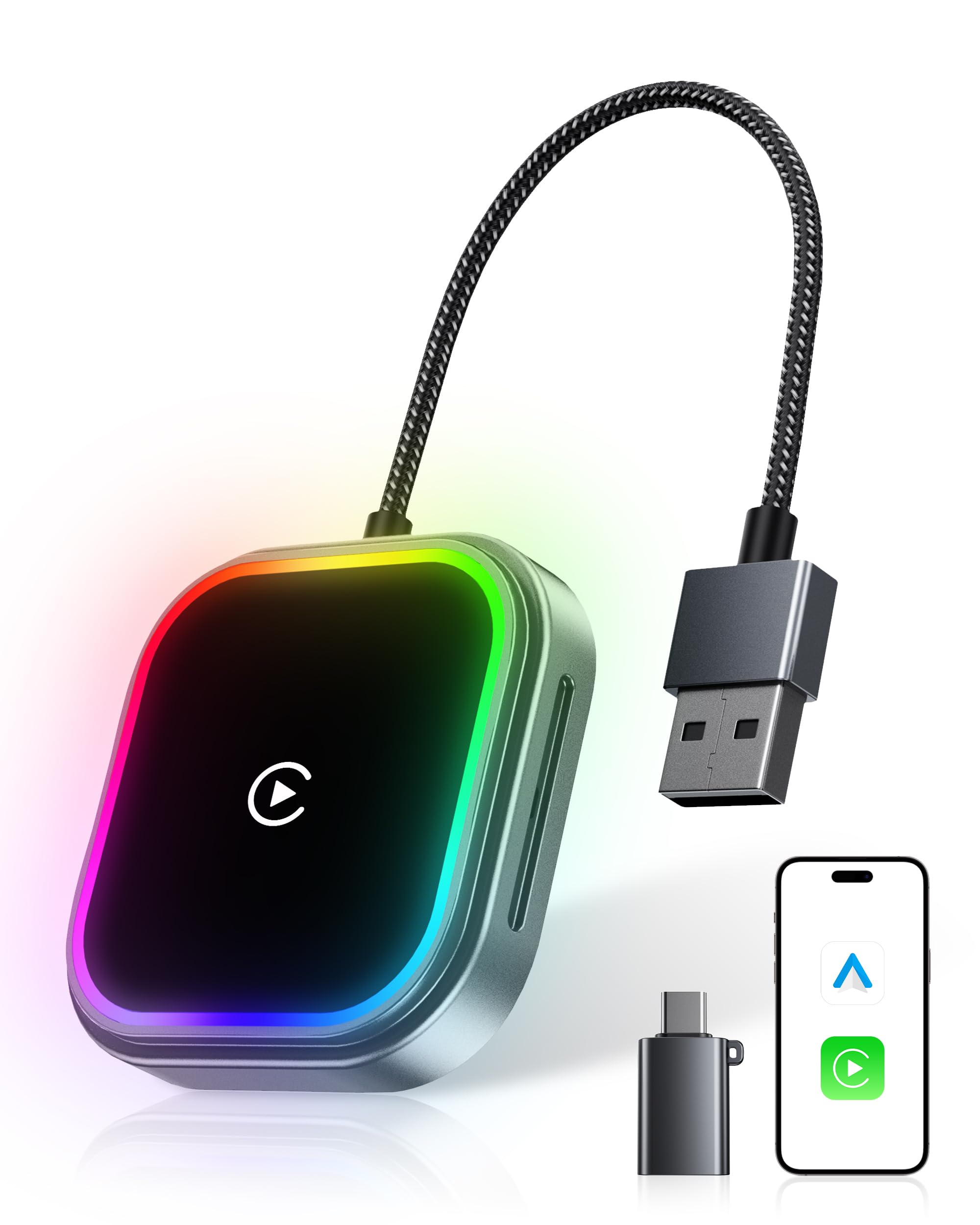 Adaptador CarPlay y Android Auto Inalámbrico con Luz Ambiental RGB, Doble Núcleo WiFi a 5,8 GHz, Bluetooth V5,3, Rápido y Estable, para Apple iPhone con iOS 10+, Smartphone Android 11+