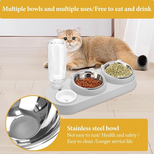 Foto 4 de 7 de Juego de comedero y agua para gatos 3 en 1, comedero para gatos de acero inoxidable, inclinable 15°